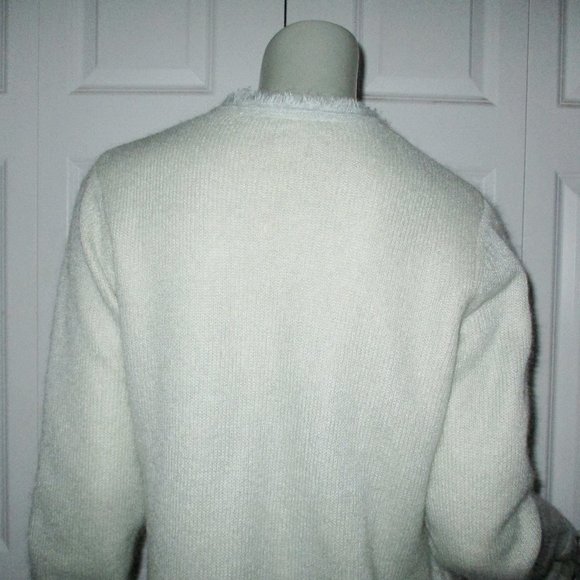 WHITE + WARREN Light Green Mohair Blend Sweater Frayed Details Large - Picture 6 of 8